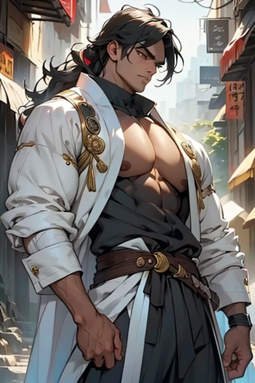 An adult man with long black hair, bangs in the central part with white highlights, thick, wavy eyebrows, sharp, almond-shaped eyes, well-defined resources, A dignified expression, a black and white fitted coat in a martial arts costume style, wide flowing sleeves, a cloth belt around the waist, loose fabric pants, he holds a long sword placed in front of him, while the other hand lightly cleans the blade, The backdrop is a martial arts-style fantasy training camp, This character embodies a finely crafted anime style martial arts style fantasy swordsman, exquisite and mature manga art style, High definition, best qualityer, high resolution, ultra detali, ultra-fine painting, extremely delicate, proffesional, perfect body proportions, golden ratio, anatomically correcte, symmetrical face, extremely detailed eye and face, high quality eyes, creativity, CRU photo, ultra HD, 32k, naturallight, cinematic lighting, work of art-anatomy-perfect, work of art:1.5