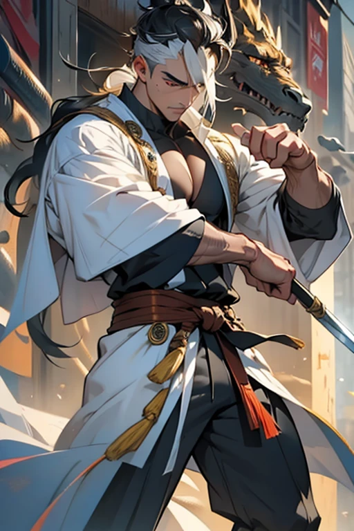 An adult man with long black hair, bangs in the central part with white highlights, thick, wavy eyebrows, sharp, almond-shaped eyes, well-defined resources, A dignified expression, a black and white fitted coat in a martial arts costume style, wide flowing sleeves, a cloth belt around the waist, loose fabric pants, he holds a long sword placed in front of him, while the other hand lightly cleans the blade, The backdrop is a martial arts-style fantasy training camp, This character embodies a finely crafted anime style martial arts style fantasy swordsman, exquisite and mature manga art style, High definition, best qualityer, high resolution, ultra detali, ultra-fine painting, extremely delicate, proffesional, perfect body proportions, golden ratio, anatomically correcte, symmetrical face, extremely detailed eye and face, high quality eyes, creativity, CRU photo, ultra HD, 32k, naturallight, cinematic lighting, work of art-anatomy-perfect, work of art:1.5