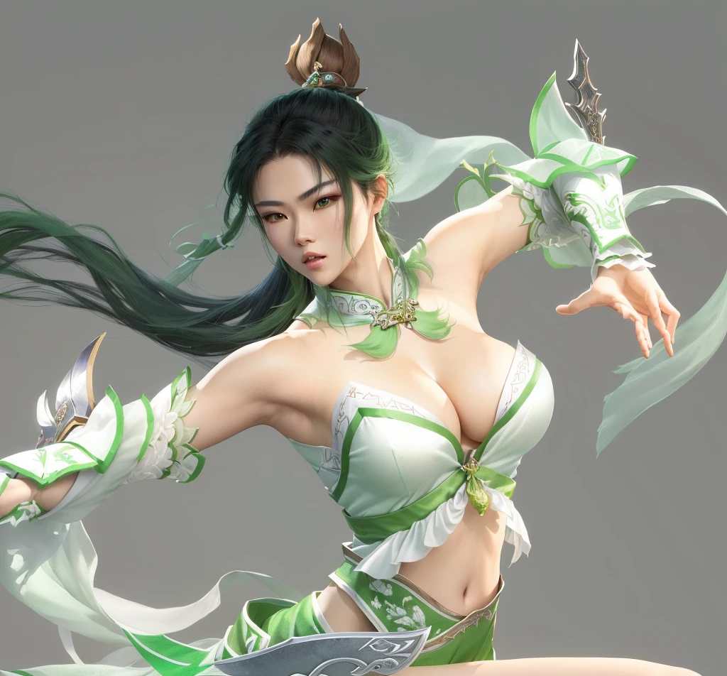 Wearing green and white clothes、Arav woman holding a sword, yun ling, Game CG, Fighting Game Characters, bian lian, Yang qi, xianxia hero, Sorry for my, g liulian art style, zhao yun, lu ji, 3D CG, 3d graphic, Inspired by Guillaume, Full body fairy, Dynasty Warriors