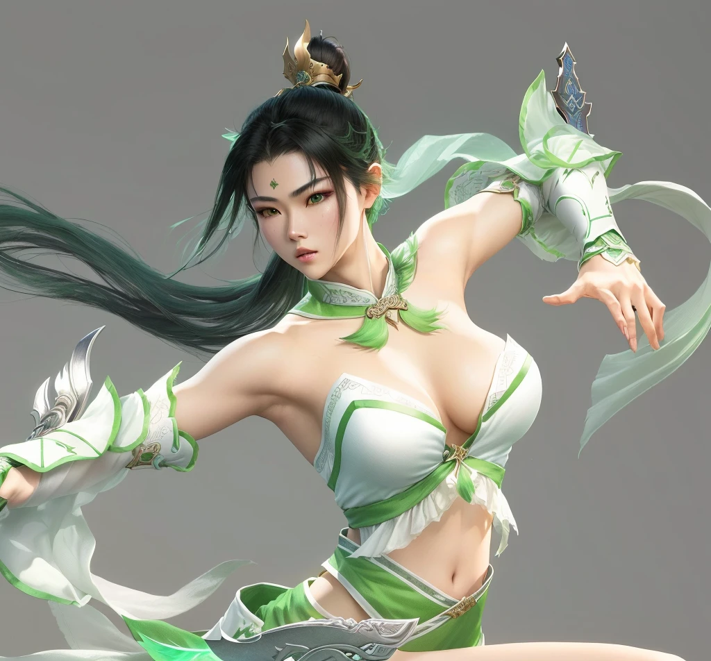 Wearing green and white clothes、Arav woman holding a sword, yun ling, Game CG, Fighting Game Characters, bian lian, Yang qi, xianxia hero, Sorry for my, g liulian art style, zhao yun, lu ji, 3D CG, 3d graphic, Inspired by Guillaume, Full body fairy, Dynasty Warriors