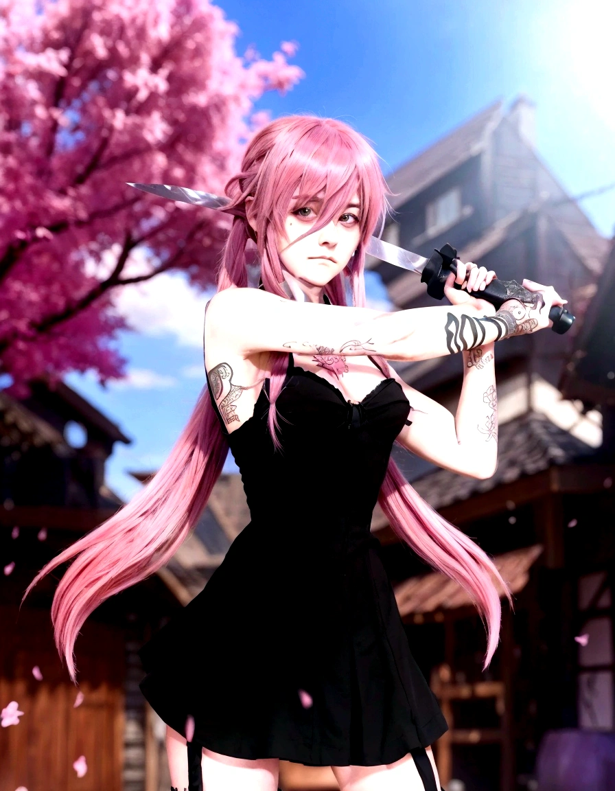 a woman with pink hair and tattoos holding a knife, gapmoe yandere, gapmoe yandere grimdark, yandere. tall, badass anime 8 k, as an anime character, gasai yuno as a real person, yandere intricate, in an anime style, anime waifu, in anime style, gasai yuno, yandere, anime style character