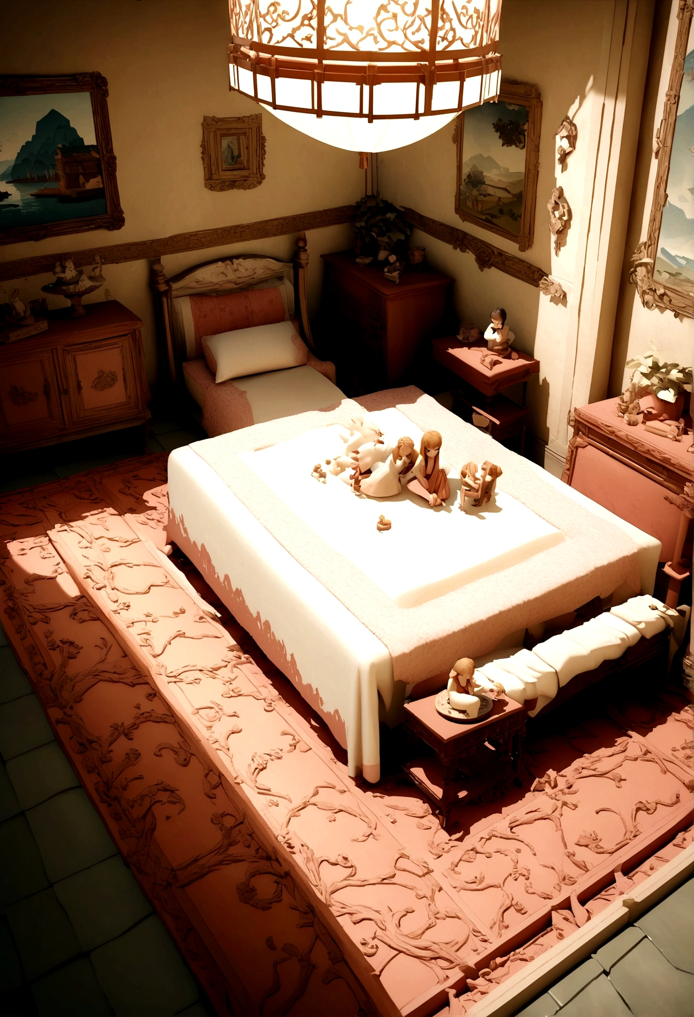 (Best Quality,4K,8K,hight resolution,masutepiece:1.2),。.。.。.3d,Pink pattern miniature bedroom with furniture, Detailed interior,miniature sculpture,terracotta,Anime Aesthetics,unbelievably beautiful,precise,detailed architectural drawings,retro charm,Soft edges,Super detailed illustration style,star art group(Stars),romantic nostalgia,terracotta,voxel art,Eye-catching,Soft shadows,Yue Xiaofei style,Use screentones,like a story book,Cheng Yanjun'Elegance
