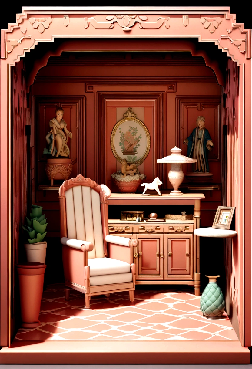 (Best Quality,4K,8K,hight resolution,masutepiece:1.2),。.。.。.3d,Pink pattern miniature bedroom with furniture, Detailed interior,miniature sculpture,terracotta,Anime Aesthetics,unbelievably beautiful,precise,detailed architectural drawings,retro charm,Soft edges,Super detailed illustration style,star art group(Stars),romantic nostalgia,terracotta,voxel art,Eye-catching,Soft shadows,Yue Xiaofei style,Use screentones,like a story book,Cheng Yanjun'Elegance