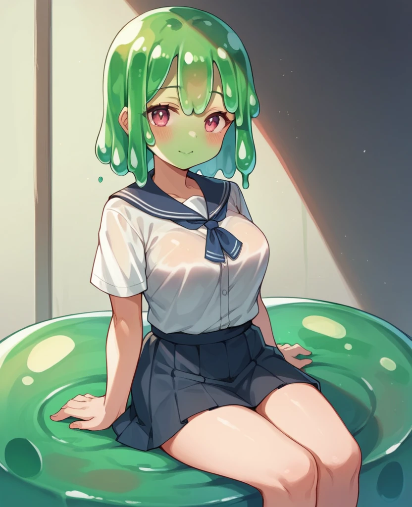 1 girl, cute, young, green hair, bob haircut, green eyes, sailor uniform, pleated skirt, thigh high, excessive cum, bukkake,