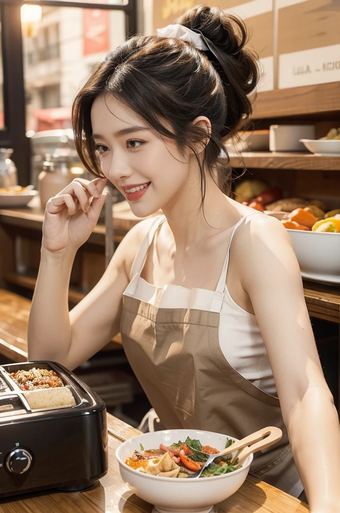 (((best quality))),(((ultra detailed))),(((masterpiece))),illustration,((1 beautiful young girl,solo)),((slim,thin)),((small breasts,flat chest)),(short ponytail:1.2),(laughing:1.2),stunning, radiant complexion, mesmerizing eyes,(sheer apron:1.3),frilly, domesticity, playfulness, colorful patches, vegetables, cooking utensils, whimsical,delicate features, gentle smile, perfectly aligned teeth, contentment, warmth, friendliness, vibrant atmosphere, bustling,barbecue restaurant, wooden panels, hanging plants, cozy, earthy feel, scent of sizzling meats, spices, patrons, tables, meals, laughter, lively ambiance, gleaming wooden counter, checkout counter, assortment of bills, receipts, cash register, calm, collected, typing, precision, simplicity, joy, hard work, hospitality, culinary delights,((from front,upper body))