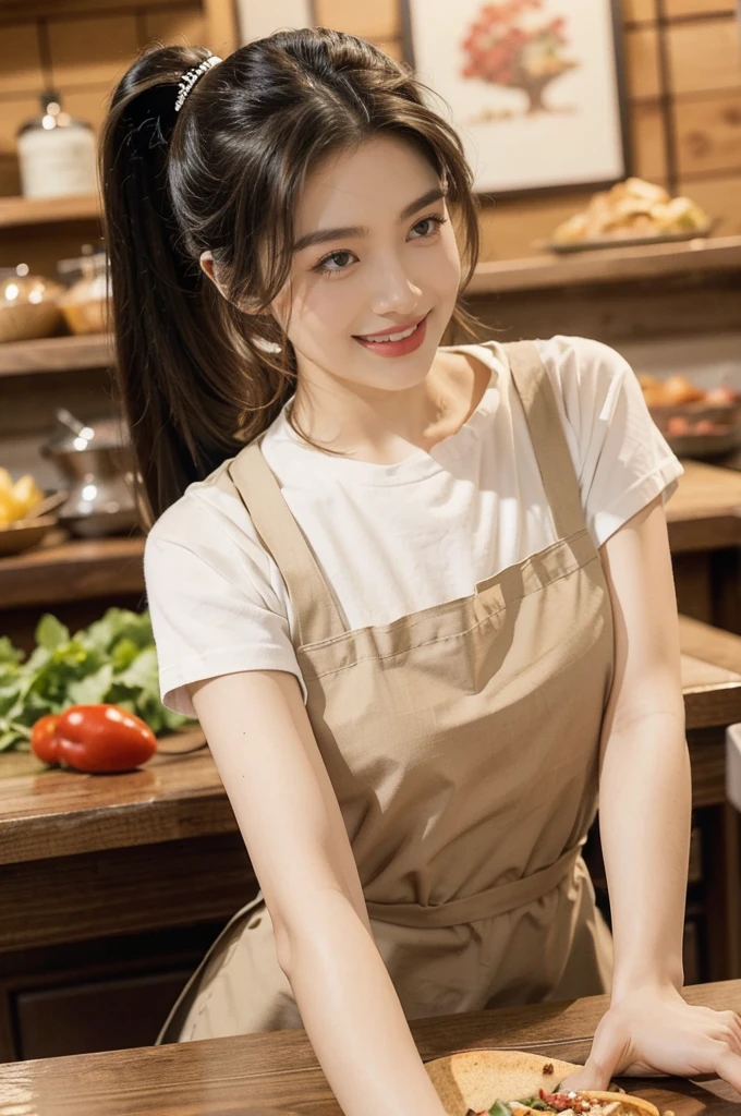 (((best quality))),(((ultra detailed))),(((masterpiece))),illustration,((1 beautiful young girl,solo)),((slim,thin)),((small breasts,flat chest)),(short ponytail:1.2),(laughing:1.2),stunning, radiant complexion, mesmerizing eyes,(sheer apron:1.3),frilly, domesticity, playfulness, colorful patches, vegetables, cooking utensils, whimsical,delicate features, gentle smile, perfectly aligned teeth, contentment, warmth, friendliness, vibrant atmosphere, bustling,barbecue restaurant, wooden panels, hanging plants, cozy, earthy feel, scent of sizzling meats, spices, patrons, tables, meals, laughter, lively ambiance, gleaming wooden counter, checkout counter, assortment of bills, receipts, cash register, calm, collected, typing, precision, simplicity, joy, hard work, hospitality, culinary delights,((from front,upper body))