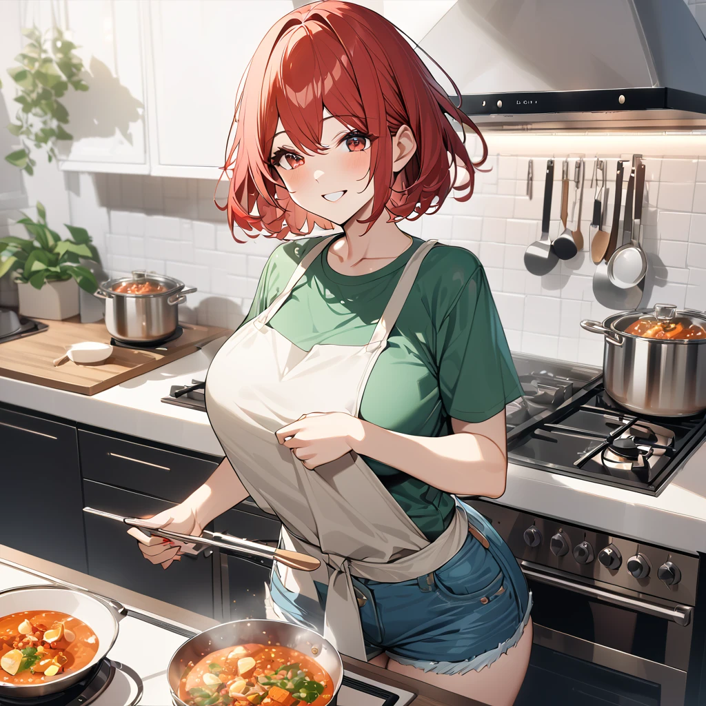 A woman wearing casual clothing, green shirt, denim shorts, wearing a kitchen apron, standing in a kitchen cooking, near a stove, holding a cooking spoon, luxury kitchen, tables and pans, red auburn hair, short hair , red eyes, smiling, big breasts., high quality, best quality, 8k, high resolution, bokeh effect. ( solo woman),