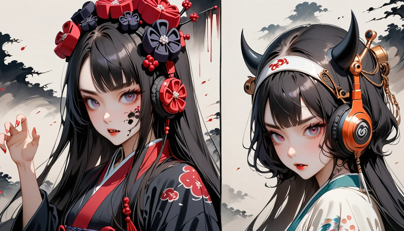 (((Horror elements))), (((TATOO on the face))), (((claw pose))), (((Highest quality))), (((Katsushika Hokusai))), (((Ink Painting))), ((very straight longhair)), ((1 girl)), ((Eyes glow red)), ((A beautiful girl possessed by a demon and showing her fangs)), (((Japanese style headphones))), Black Hair, Delicate and precise, Modern ukiyo-e style, head shot