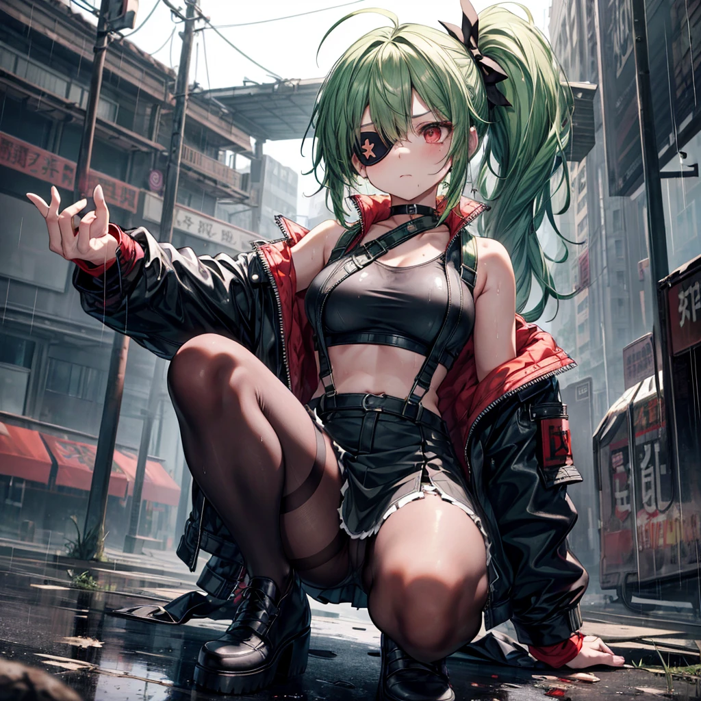 ((Highest quality)), ((masterpiece)), ((detailed)), (4K), 1girl, 独奏, ((eyepatch)), red eye, middle hair, messy hair, green hair, side ponytail, (fighter), crop top, leather jacket, medium breasts, see through, Torn miniskirt, suspender skirt, torn pantyhose, choker, bracelet, ((rain)), (wet), gloves, (expressionless), scowl, (from below), (looking down), face focus, looking at viewer, (squatting), wasteland, town, blurry background