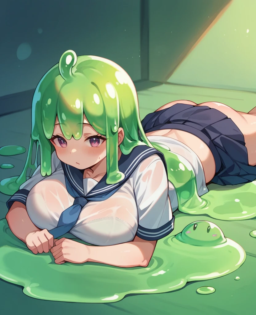 cute,(green slime girl),loli,,,huge breasts,serefuku,skirt,dripping,see through,on stomach