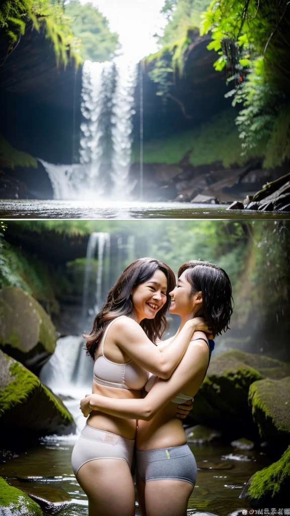 ((最high quality, 8K, masterpiece: 1.3)), (close:0.75), Realistic, Sharp focus, high quality, High resolution, Two Chinese career women、36 years old、Middle-aged mature woman face、Chubby body type、Her breasts are huge, measuring 40 inches. {Grey underwear}, ((Very strong sunlight)), smile, Brown hair Sonyoung,Shyly embracing each other in front of a waterfall in the forest、Images of someone getting completely wet from splashes of water、Lesbian couple 8K images、