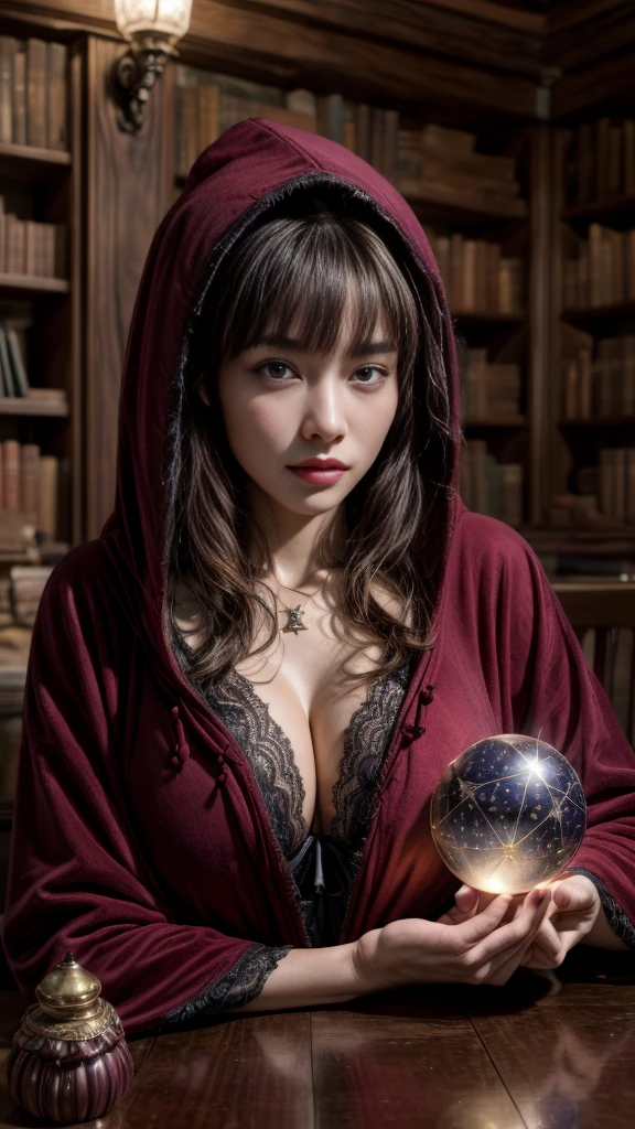 nsfw0.2、(Too much exposed skin)、(((Big Breasts)))、Very beautiful woman、Slender women、(Detailed face)、Realistic Skin、((Delicate photo)),(Girl Masterpiece RAW Photo Details:1.25), (Highest quality:1.6), (Ultra-high resolution:1.5), (Realistic:1.75), 8K resolution, Canon EOS R5, 50mm, Absurd, Ultra-detailed,Cinema Lighting、One girl, Fortuneteller、astrologer、(((Spectacular starry sky in the background)))、(((A burgundy robe with a hood and intricately decorated with beautiful details)))、((Horoscope))、(((Fortuneteller)))、Long black hair、((blunt bangs))、Cowboy Shot、(((Hold your hand over the crystal ball on the table)))、Fancy Necklace、Lace gloves、((((Lots of old books))))
