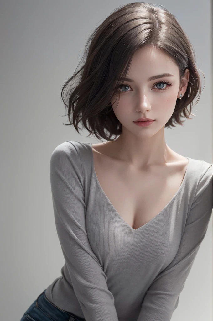 8K Ultra HD、RAWphotograph、モデルphotograph撮影、 European Fashion、(masterpiece、Highest quality、Realistic、High resolution、photograph:1.3)、close、focus on、Hot Model、slim、30 year old mature woman、Small face、No makeup、short hair、Beautiful dark brown Hayne eyes、Genuineスキン、(Perfect body)、Sexy hot face、sexual sight、slim、blouse、Long sleeve、Beautiful eyes in every detail、Glossy lips、Small breasts、Small breasts、((Bright light、Dynamic Lighting、Genuine、超Genuine、 realism、Genuineなディテール、Cool Beauty、Cool pose、Background gray、Plain gray background