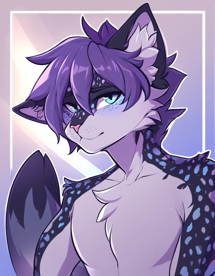 adult, feline, mammal, anthro, anthromorphic, cat, striped, fur, furred_anthro, femboy, male, dark_blue, ear_tufts, paws, hair_tuft, hair_between_eyes, long_tail, fluffy, expressive_eyes, purple_hair, light, galaxy_fur, looking_at_viewer, light_blue_chest, shy, small_pupils, spotted_pattern, stripes, digital_art, high_resolution, high_res, background shy, head_visible, neck_visible, profile_picture, seductive_face, white_outline, angry_expression