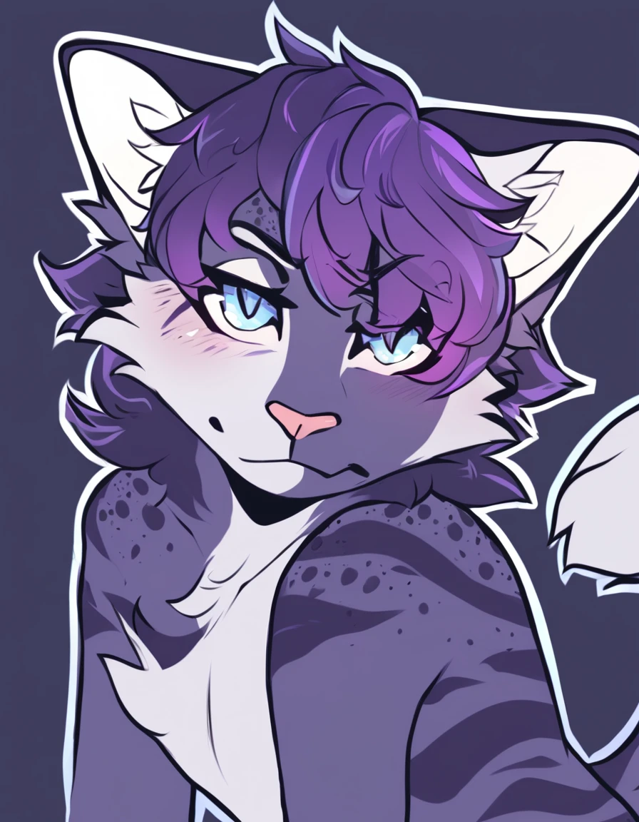 , feline, mammal, anthro, anthromorphic, cat, stripur, furred_anthro, femboy, mark_blue, ear_tufts, paws, hair_tuft, hair_between_eyes, lotail, fluffy, expressive_eyes, purple_hair, light, galaxy_fur, looking_at_viewer, light_blue_chest, shy, small_pupils, spotted_pattern, stripes, digital_argh_resolution, high_res, background shy, head_visible, neck_visible, profile_picture, seductive_face, white_outline, angry_expression