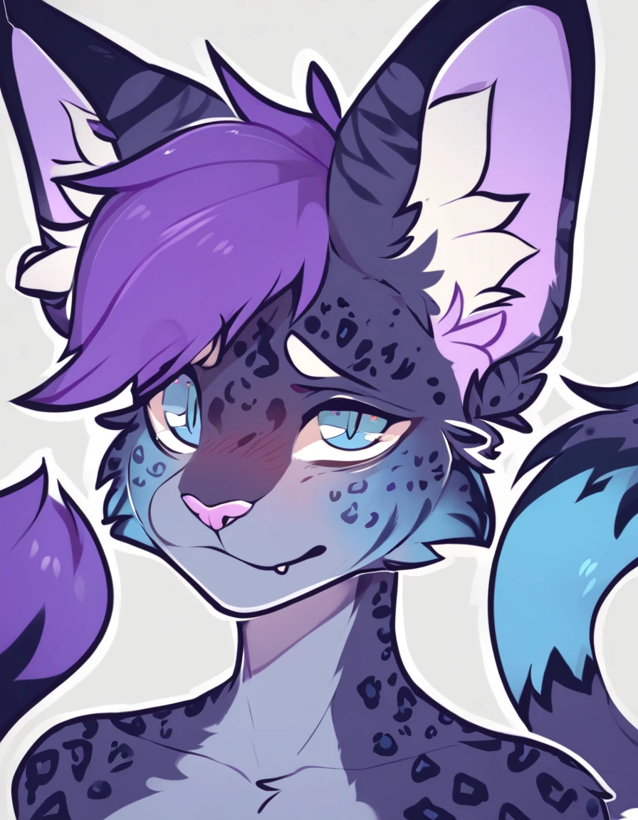 adult, feline, mammal, anthro, anthromorphic, cat, striped, fur, furred_anthro, femboy, male, dark_blue, ear_tufts, paws, hair_tuft, hair_between_eyes, long_tail, fluffy, expressive_eyes, purple_hair, light, galaxy_fur, looking_at_viewer, light_blue_chest, shy, small_pupils, spotted_pattern, stripes, digital_art, high_resolution, high_res, background shy, head_visible, neck_visible, profile_picture, seductive_face, white_outline, angry_expression