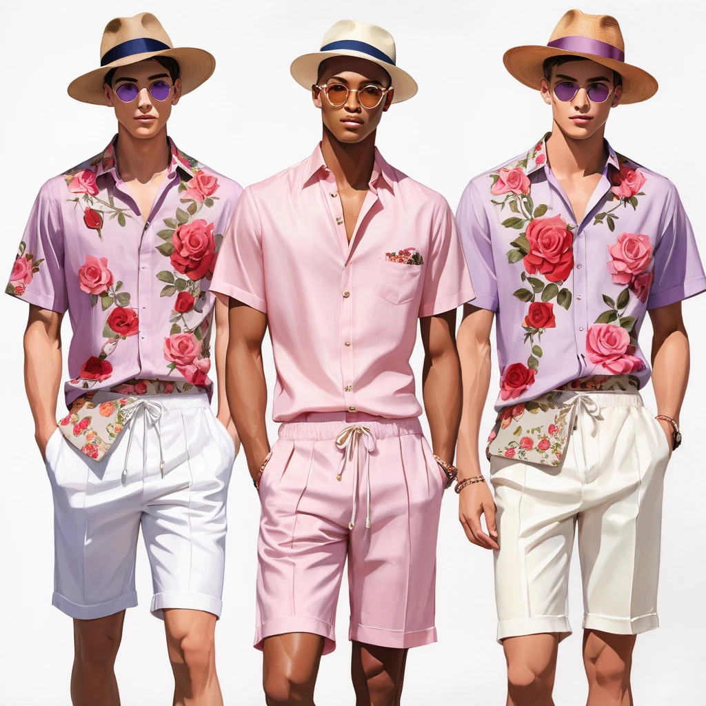 candid fashion illustration of young Mixed race 2man, both aged 18-23 year old, ((showcase fashion look book in linen outfits)), the design inspired by David Austin rose Emma Bridgewater, in elegant chic style. The man wears an oversized short-sleeved shirt with a minimal rose embroidery details, paired with relaxed-fit white Short with Drawstring, He completes his look with white sneakers and round glasses. The boyfriend complements him in a skinny fitted speedo in a stripe pattern, semi bulge, He resemble includes an accessorizes with a brimmed straw hat and white sneakers, Captured in a low angle, ((full-body image)), ((roses motifs background)), fashion sketching, realistic drawing, ((imperfect water color drawing background)), fashion look book, fashion illustrator, fashion sketch design, gay, gay couple, The Emma Bridgewater rose by David Austin, lovely variety characterized by colors, at first pink with a yellow button eye, then brighter coral-pink tones softening to mauve and lilac. The blooms are large, with many petals forming a classic, rosette shape. The color can range from a delicate, pale pink to a slightly deeper shade, depending on the growing conditions. This rose is appreciated for its charming appearance and delightful,