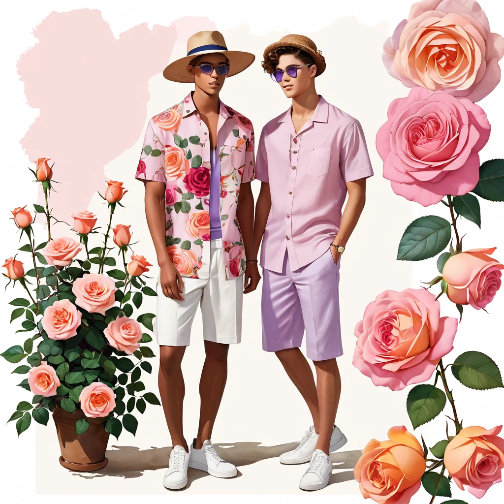 candid fashion illustration of young Mixed race 2man, both aged 18-23 year old, ((showcase fashion look book in linen outfits)), the design inspired by David Austin rose Emma Bridgewater, in elegant chic style. The man wears an oversized short-sleeved shirt with a minimal rose embroidery details, paired with relaxed-fit white Short with Drawstring, He completes his look with white sneakers and round glasses. The boyfriend complements him in a skinny fitted speedo in a stripe pattern, semi bulge, He resemble includes an accessorizes with a brimmed straw hat and white sneakers, Captured in a low angle, ((full-body image)), ((roses motifs background)), fashion sketching, realistic drawing, ((imperfect water color drawing background)), fashion look book, fashion illustrator, fashion sketch design, gay, gay couple, The Emma Bridgewater rose by David Austin, lovely variety characterized by colors, at first pink with a yellow button eye, then brighter coral-pink tones softening to mauve and lilac. The blooms are large, with many petals forming a classic, rosette shape. The color can range from a delicate, pale pink to a slightly deeper shade, depending on the growing conditions. This rose is appreciated for its charming appearance and delightful,