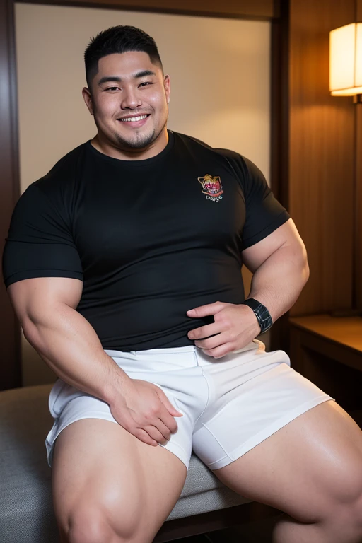 ((highest quality)), ((masterpiece)), (detailed), ((Perfect Face)), 4k, Shaved head, Young Japanese, Muscular, Fat body, Very big man, smile, ((showing off crotch))A large Japanese man shirtless、whole body、Rugby、Thick legs、Thick arm muscles、Intimidating、whole body、((wearing a very very tight black-shorts))、black shorts, ((Lying on the back, and legs open and knee raised))