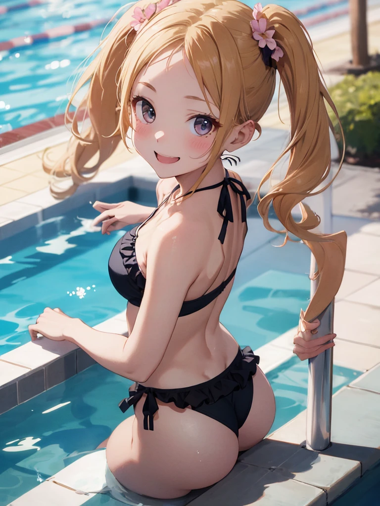 Highest quality、Tabletop、、Pastel Tones、With a girl、Blonde、(Long twin tails)、(Forehead out:1.2)、Very long hair、Resort Pool、Bikini with floral ruffles、Butt、Rotated、Dynamic Styles、Open your narrow mouth、smile,Removable bra,Hide your chest