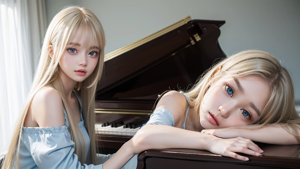 playing piano.silky shiny skin、22 year old cute sexy little beautiful face、Hair glows in front of a cute face、long silky bangs covering the eyes、pale light blue eyes、Young woman super long blonde shiny golden bright straight hair、with round face、Small face beauty、big eye、bright expression、The dress、Even big in clothes