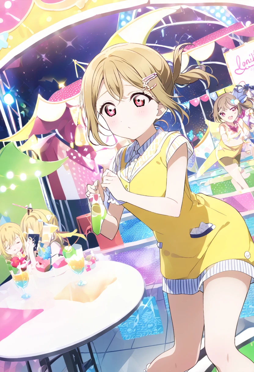 Kasumi Nakasu lovelive Tan Hair Berry Short Short Bob Straight hair Red Eye Short Ponytail Yellow vest Knitted Vest During gameplay crescent hairpin