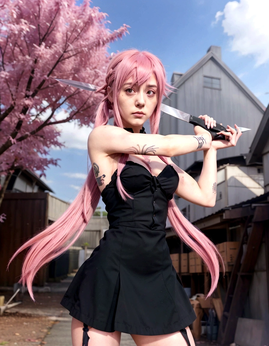 a woman with pink hair and tattoos holding a knife, gapmoe yandere, gapmoe yandere grimdark, yandere. tall, badass anime 8 k, as an anime character, gasai yuno as a real person, yandere intricate, in an anime style, anime waifu, in anime style, gasai yuno, yandere, anime style character
