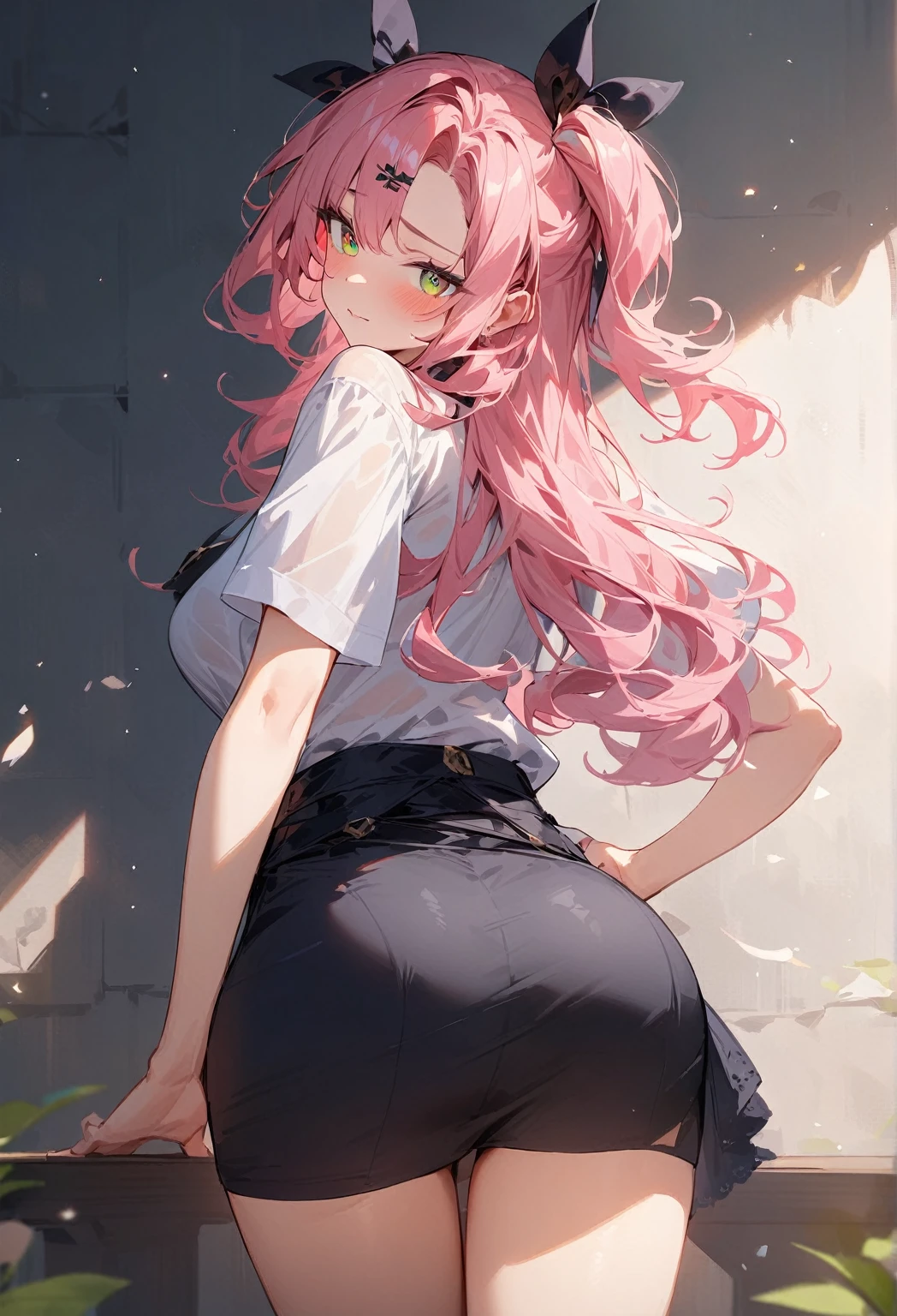 masterpiece:1.2,Best quality,Very detailed, Red eyes,Pink long hair,Green eyes,Standing