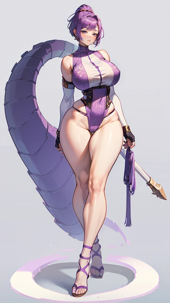 (masterpiece), best quality, female warrior, huge girl, female muscular:1.2, (curvy:1.8), (((blank background))), ((full body)), fingerless gloves, sandals, sleeveless, covered nipples, ((buzzcut hairstyle)), purple hair, hair over eyes, ((very big legs:1.4))