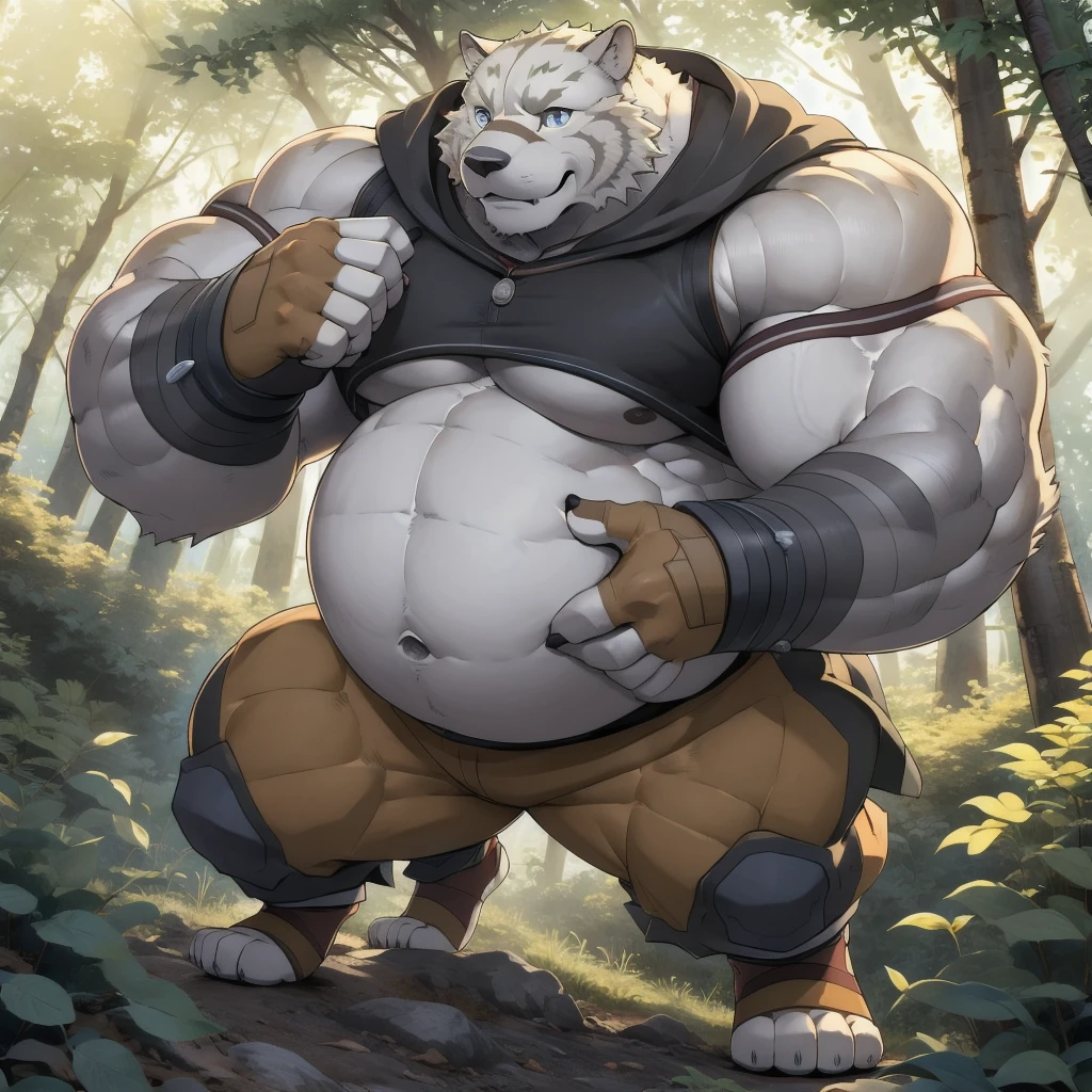 Animal kingdom Tank Hero Academia Shonen Anime style, full body image, Casual, neighborhood style, big obese teen, in sport clothes, He is a huge obese Sumo in huge obese weight gain process, detailed face, detailed eyes, detailed nose, defined face, big belly, high resolution settings, settings to fix face, high resolution settings, face fix settings, Whismical model, detailed eyes, detailed hands best quality,realistic lighting, male, anthro,muscular, muscular male, solo, bodily fluids, abs, pecs, muscular anthro, hi res, nipples, detailed background, forest, (yohei:1.2), (perfect eyes:1.2),white fur,  (ultra detailed paws), Wearing a thong