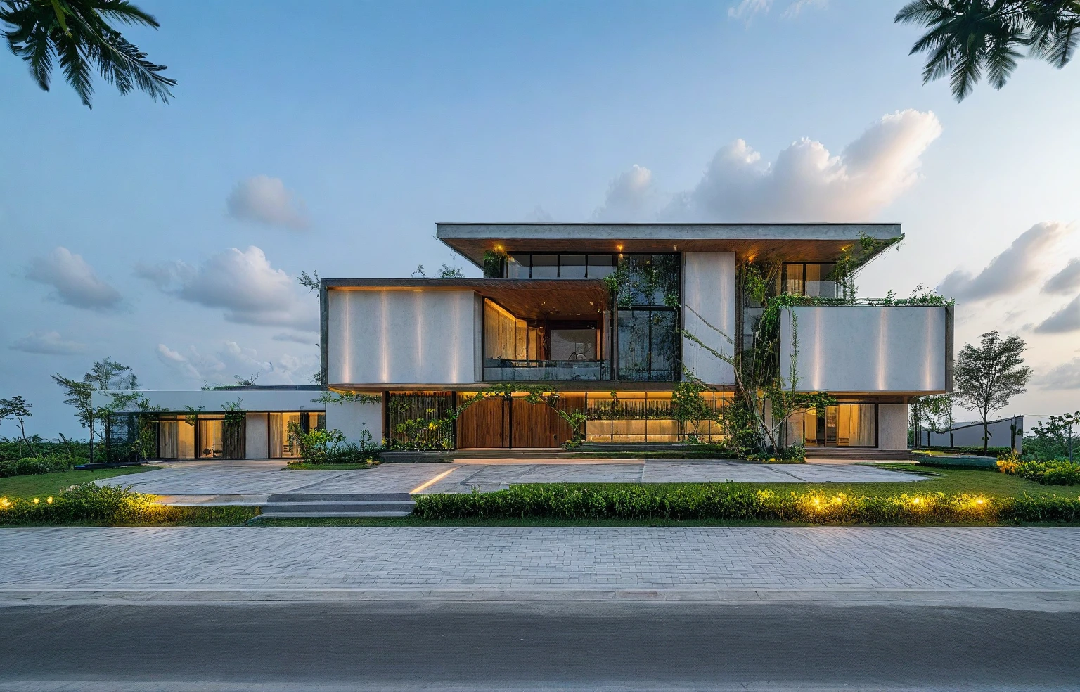 exterior house, contemporary style, white wall, wood wall, steel door, glass window, (realistic:1.2), Masterpiece, high quality, best quality, authentic, super detail, outdoors,road, trees, sky, cloud, (daylight:1.1), modern luxury villa, coconut trees, landscape, along the white beach, clear sky, day time, warm lighting RAW Photo, RAW texture, Super Realistic, 32K UHD, DSLR, soft lighting, high quality, film rating, Fujifilm XT3,Modern, Residential Architecture, car in front of house