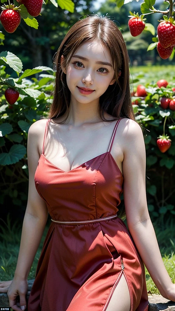 Beautiful Korean Girl, 1 Solo Girl, 20 years Girl, Beautiful Smile, ((smile: 1.2)), ((Masterpiece: 1.4)), ((Ultra HD Image quality)), ((Realistic: 1.2)), 64k, Natural Human Skin, Soft skin, CG unity 8k wallpaper, ray tracing, ((cinematic Photography, award winning photography)), ((Full body Shot)), ((Dim day light, cool Day)), High glow face, Superb beautiful face, High face texture, ((strawberry Red Frock)), ((in background clear details with strawberry plants, strawberry orchards, Strawberry big fields, red Colour Strawberries)), standing in orchards, beautiful angles, beautiful nature, very calm nature, peaceful nature, High resolution pictures, ((detailed girl)), ((Detailed background)), ((Detailed Face)), ((Detailed Dress)), ((detailed strawberry orchards)), ((Detailed nature)), Young Body, ((super Round Young breasts)), Perfect Figure, Slender,