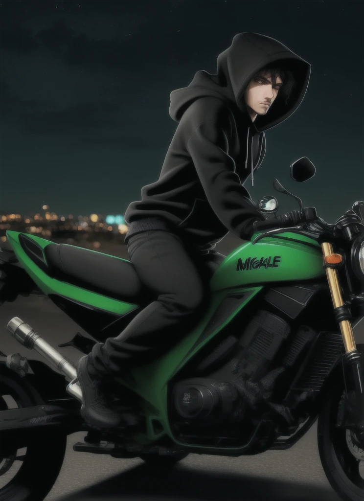 The background is a night view,male,He wears a black hoodie and rides a large green motorcycle.,The camera faces sideways and backwards