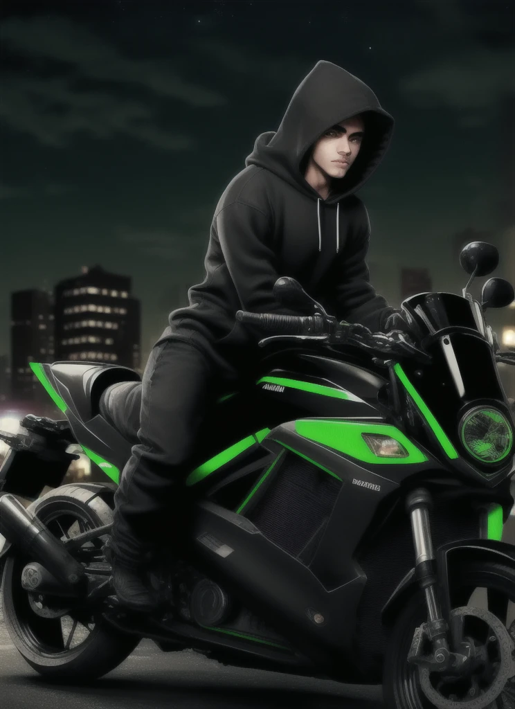 The background is a night view,male,He wears a black hoodie and rides a large green motorcycle.,The camera faces sideways and backwards