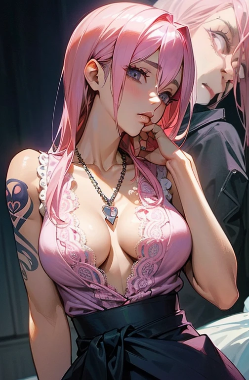 Cool women、sexy、Center of chest、Rize from Chainsaw Man、beauty、Yandere、、Face close-up、Kiss with your eyes closed、Chest tattoo、Race、necklace、Pink Hair、(sexy)、(Kiss the viewer)、(From the waist up)、((Center of chest))、((Navy lace))、((Medium breast))