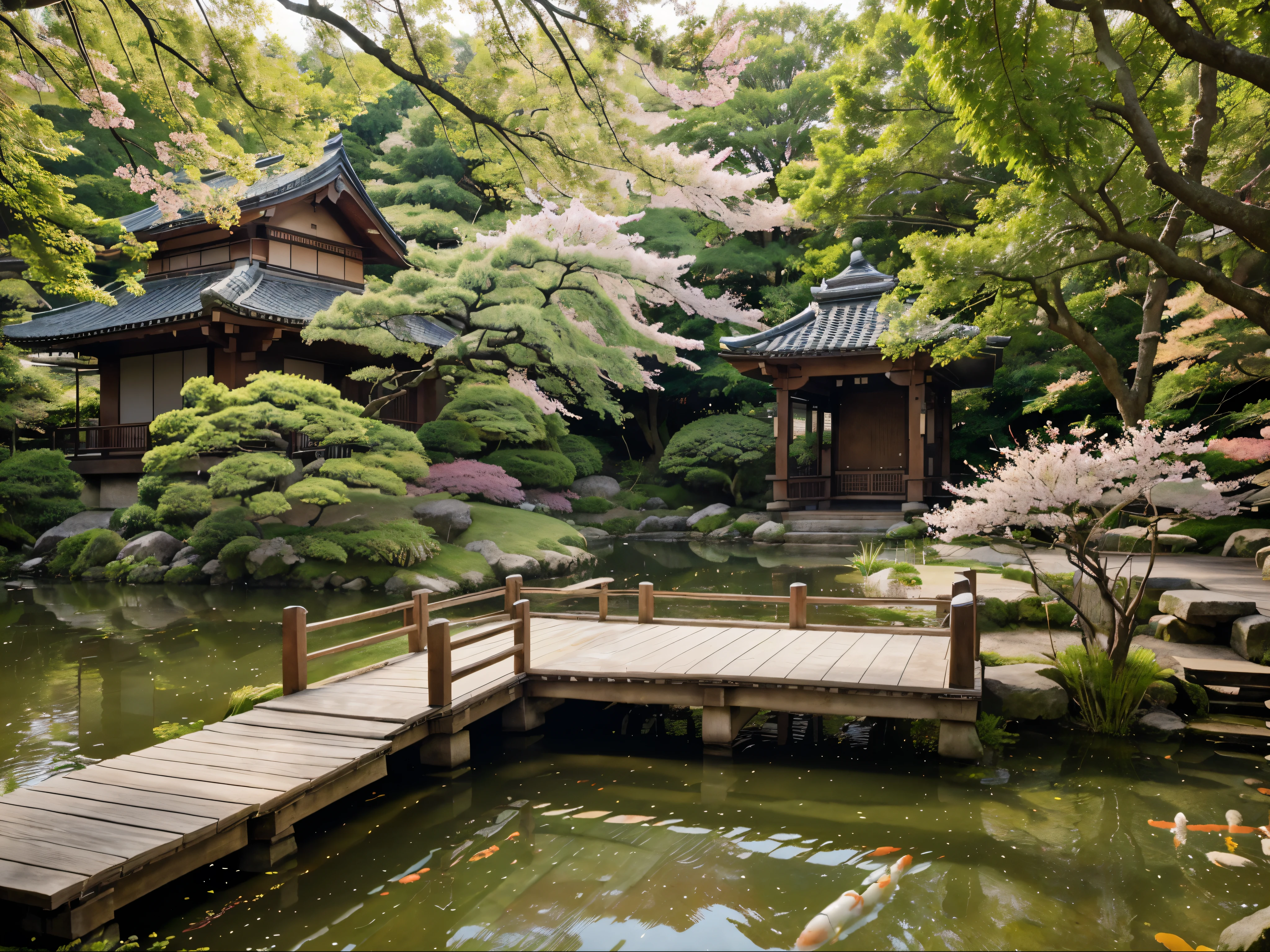 a beautiful japanese garden with a wooden bridge over a pond, koi fish swimming in the water, sakura trees in bloom, pagoda in the background, lush greenery, (best quality,4k,8k,highres,masterpiece:1.2),ultra-detailed,(realistic,photorealistic,photo-realistic:1.37),intricate details,vibrant colors,natural lighting,serene atmosphere