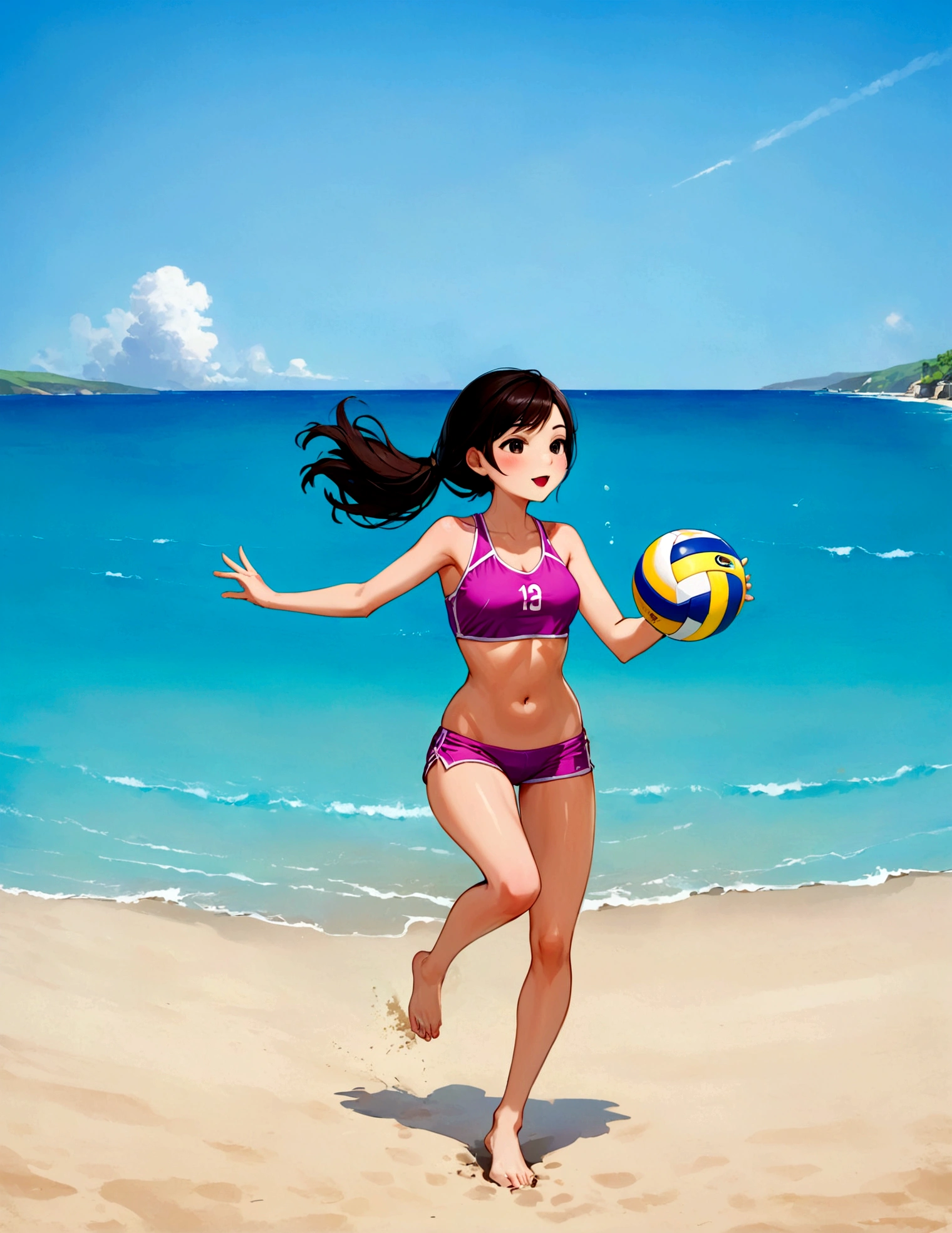 A cute woman is playing volleyball in a sensible beach outfit, high action, having fun
