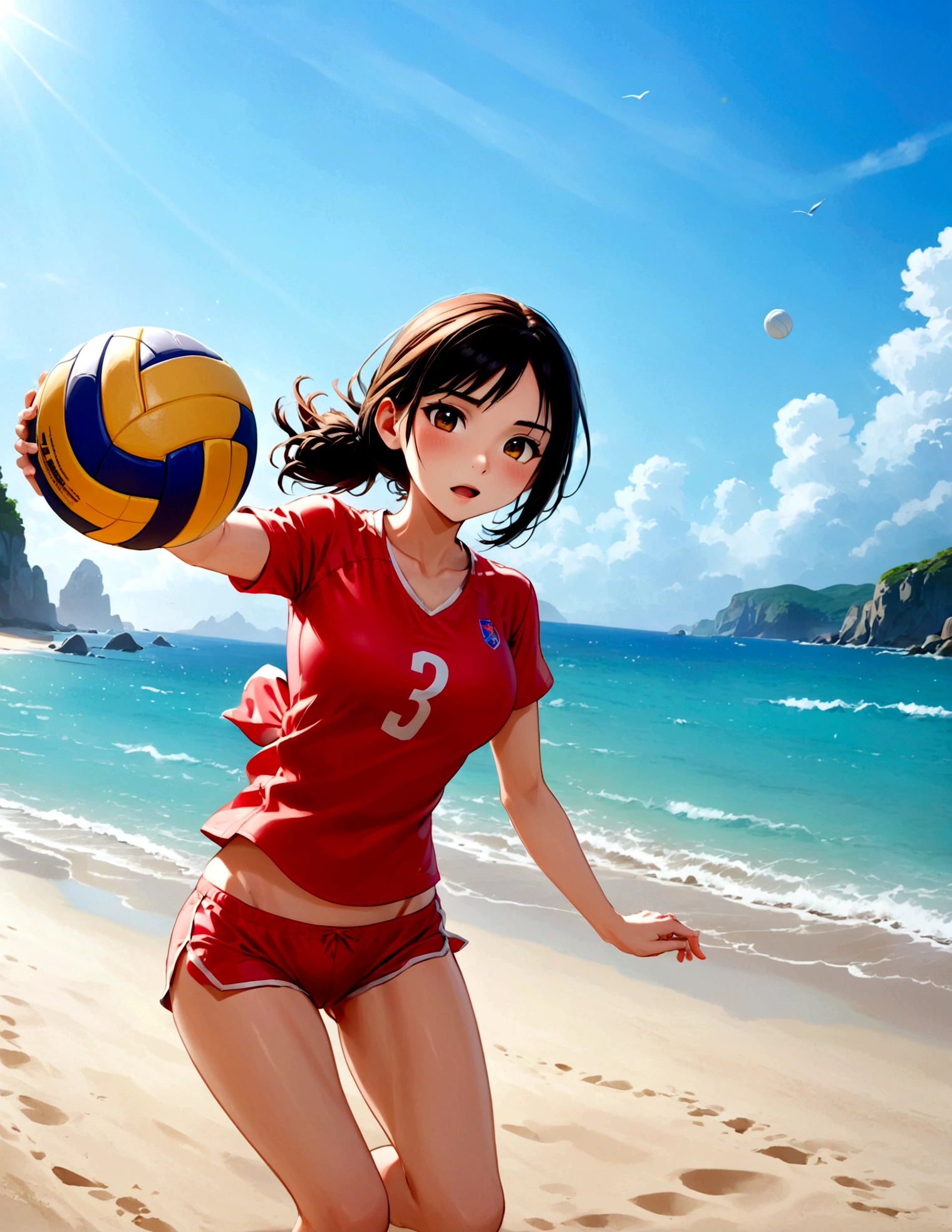 A cute woman is playing volleyball in a sensible beach outfit, high action, having fun