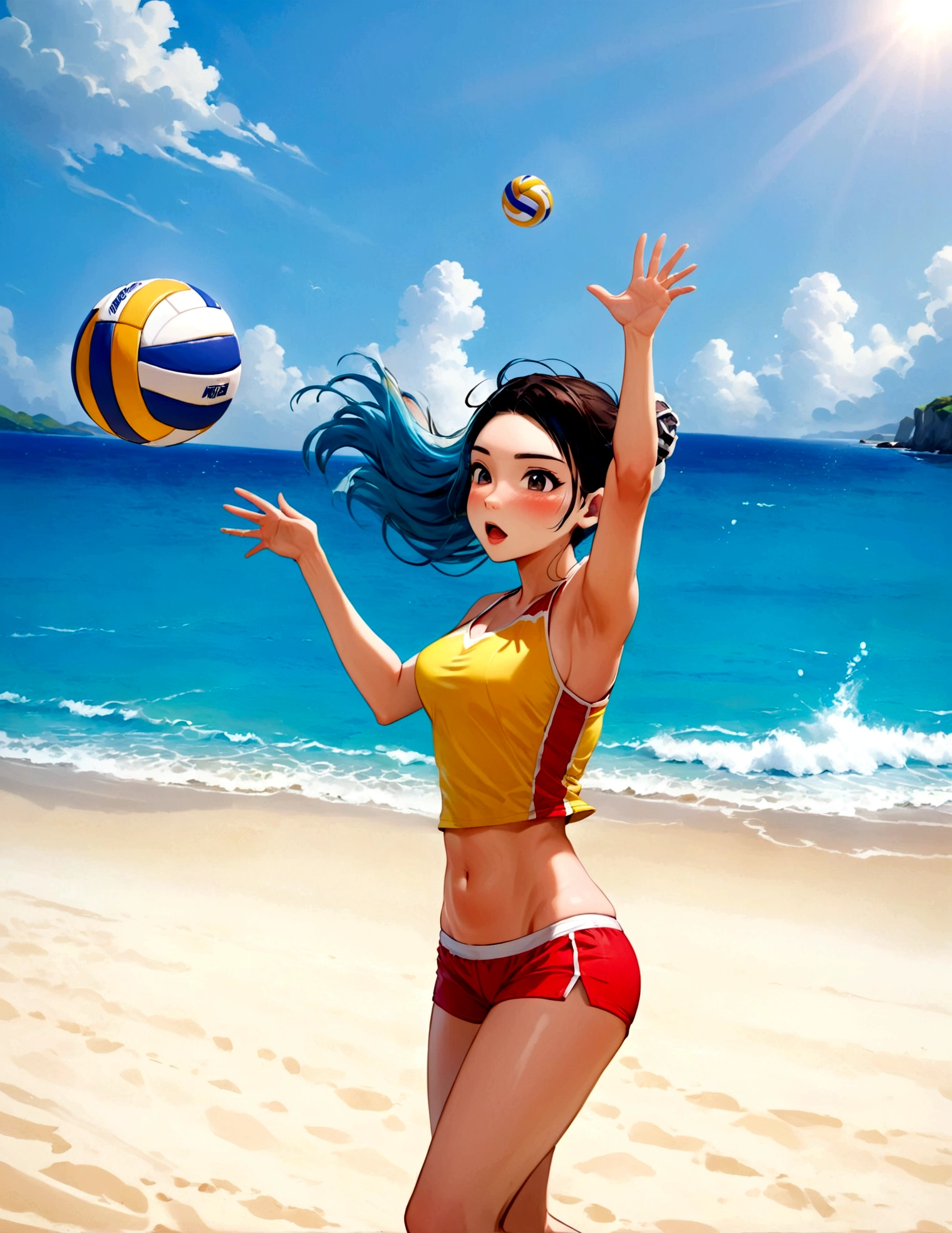 A cute woman is playing volleyball in a sensible beach outfit, high action, having fun