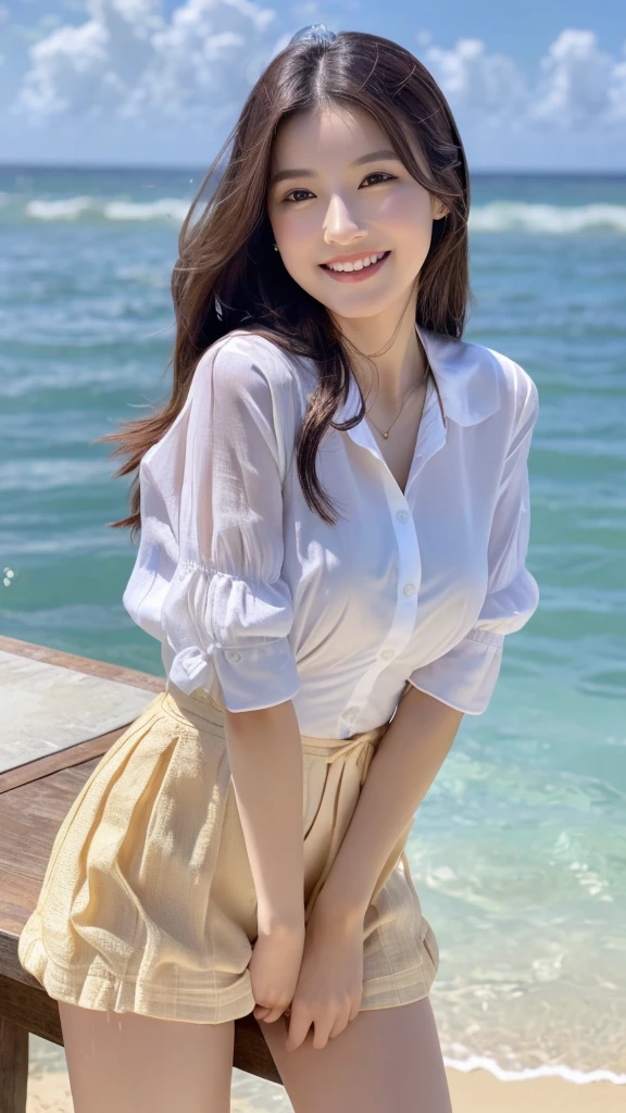 table top、(highest quality、4k、8k、High resolution、master piece: 1.2)、Super detailed、(real、photorealistic、photorealistic: 1.37)、full body shot、whiteＴshirt、Complex and beautiful eyes、woman、long hair、natural color lip、bold and sexy pose、smile、Ocean、20 year old girl、Cute and sexy shot looking at the camera。