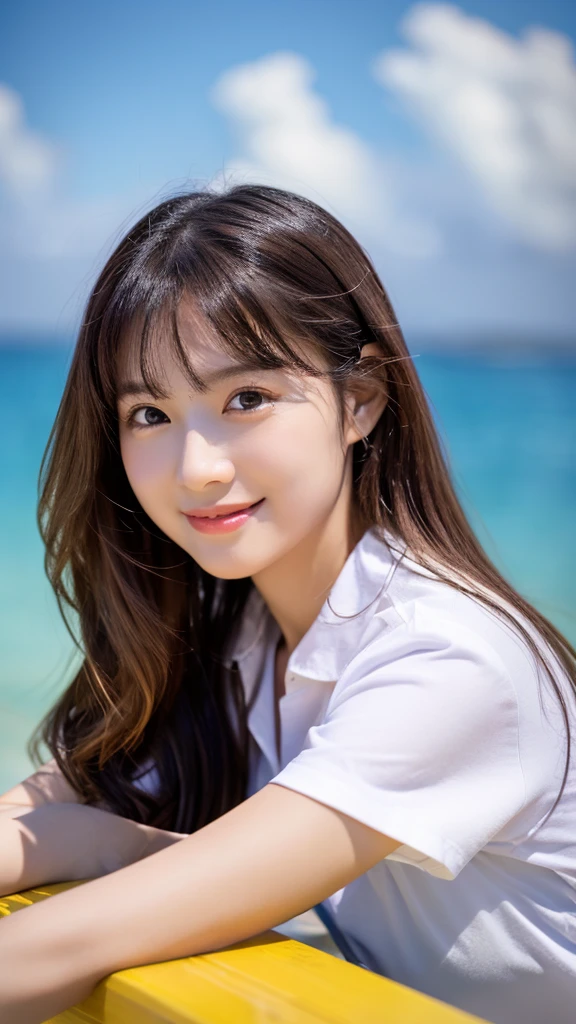 table top、(highest quality、4k、8k、High resolution、master piece: 1.2)、Super detailed、(real、photorealistic、photorealistic: 1.37)、full body shot、whiteTshirt、Complex and beautiful eyes、woman、long hair、natural color lip、bold and sexy pose、smile、Ocean、20 year old girl、Cute and sexy shot looking at the camera。