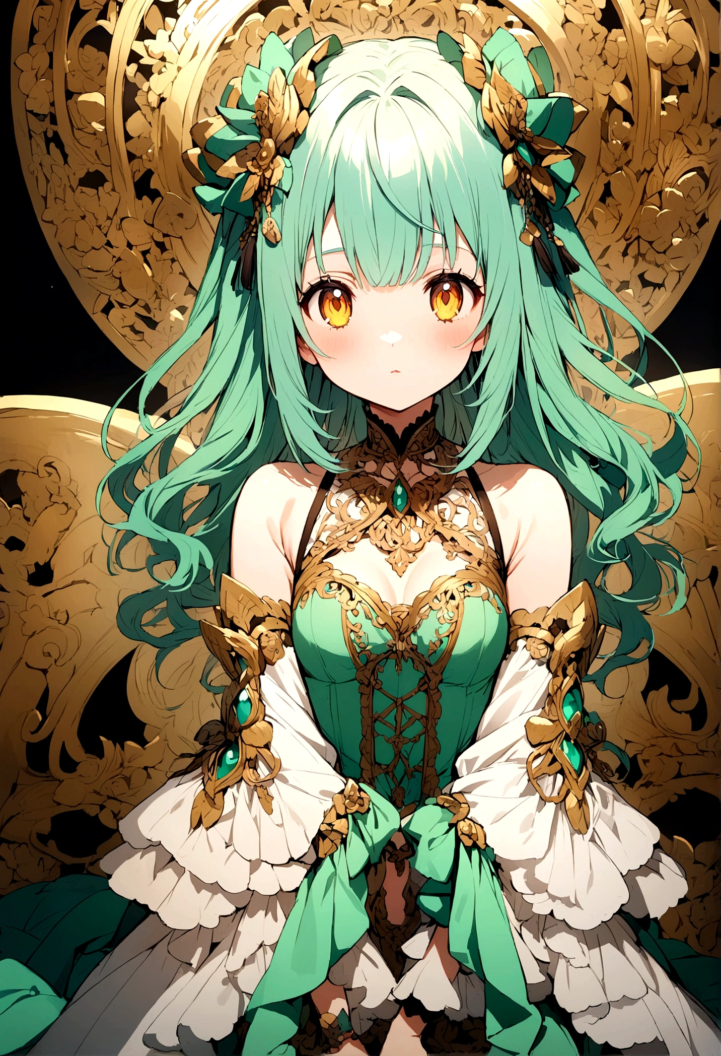 Anime girl with mint-colored hair with half-open golden eyes 