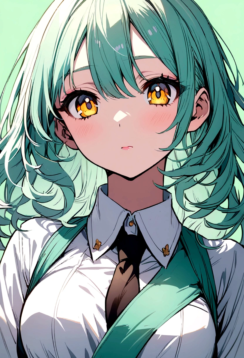 Anime girl with mint-colored hair with half-open golden eyes