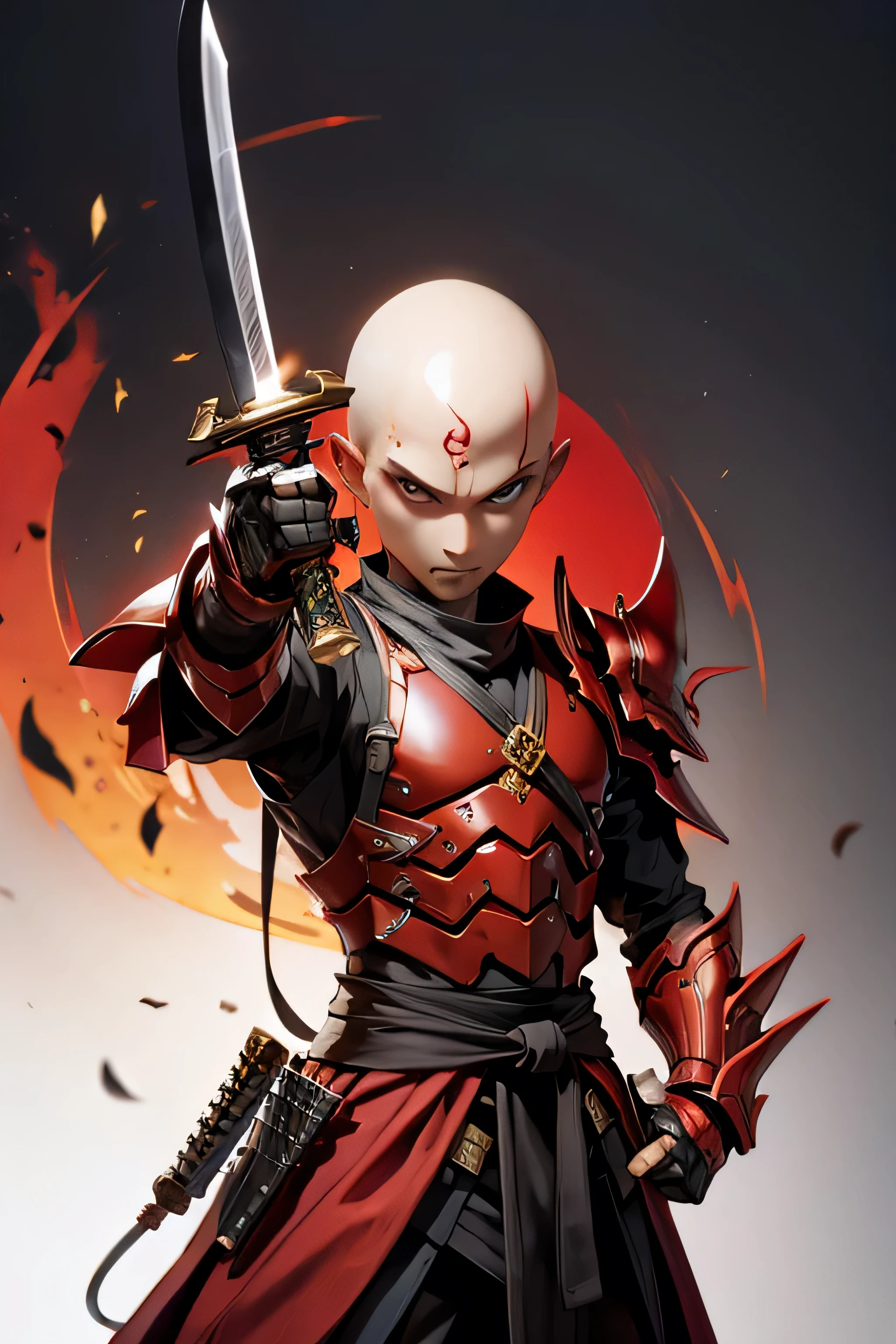 chico hairless, hairless, red and black war armor, katana sword abode, divine background