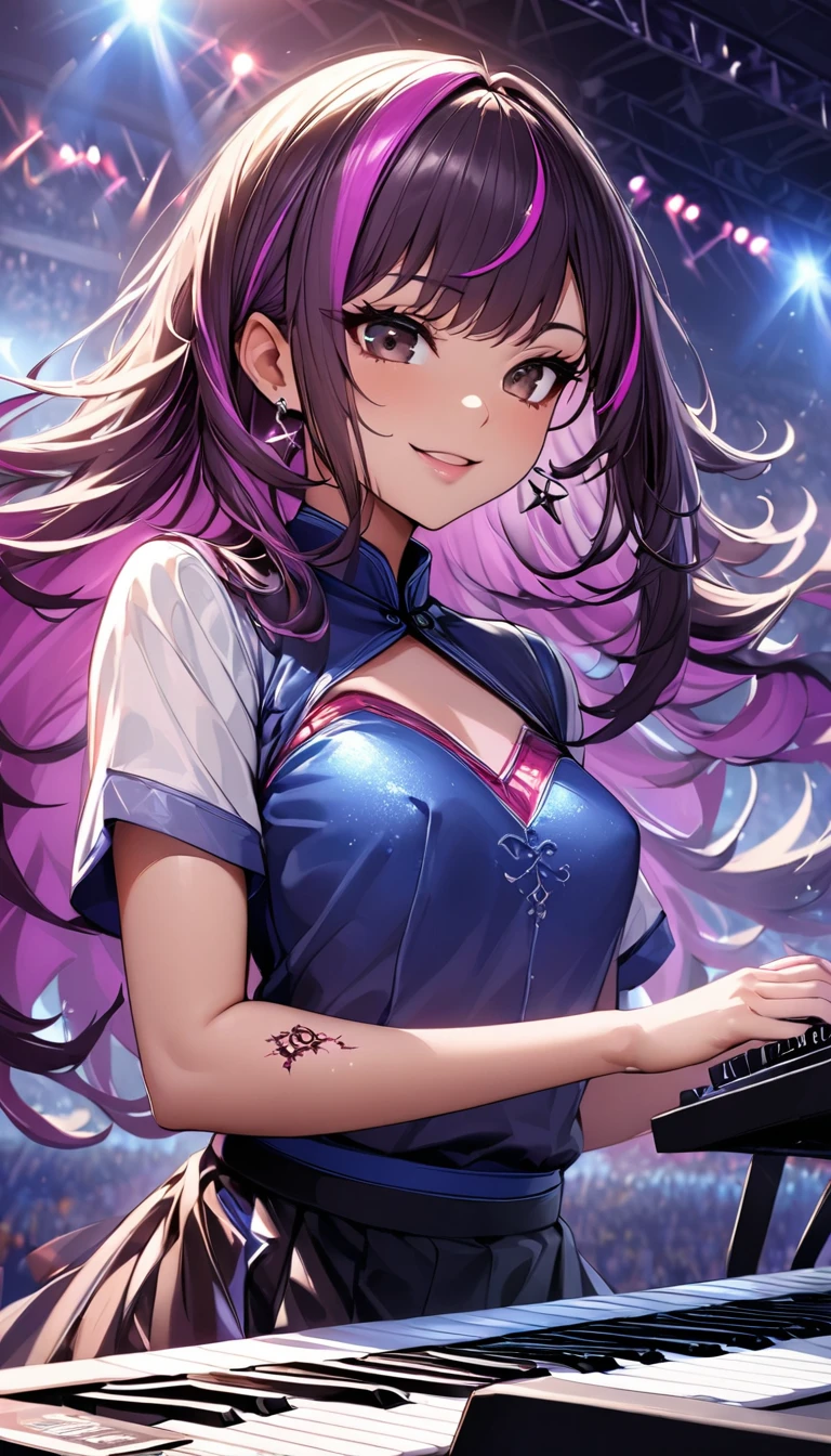 (highest quality:1.2, Very detailed, up to date, Vibrant, Ultra-high resolution, High Contrast, masterpiece:1.2, highest quality, Best aesthetics), Portraiture、girl、singer、stage、performance、Rock Music、Bright colors、Beautiful fine details、Beautiful lip detail、long hair、black and purple ((streaked hair:1.6)), highlights hair: 1.5, rbrown eyes, cross earrings, slim body, small breast, Music band、Cheerful pose、Concert Light、Edgy Style、colorful Cheongsam, Dynamic Movement、hypnotic sounds、Stadium、amplifier、Loud music、keyboard player, (playing keyboard:1.6), electoric piano, (Floral Fineline tattoo design on left arm:1), Passionate performance、Sparkling stage、Concert atmosphere、Music Festival、Full of emotion、Rock star attitude、Resolute expression、Avid Fan、The presence of an attractive stage、 Expressive gestures、Rock star aura、An exciting atmosphere、Sing with all your heart、An unforgettable show。