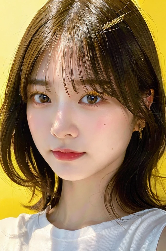 masterpiece, best quality, 8k, absurdres, (upper body:1.4), white shirt, beautiful girl, pretty face, looking at viewer, smile, ultra realistic, highres, photography, film grain, chromatic aberration, sharp focus, HDR, facelight, dynamic lighting, cinematic lighting, professional shadow, simple background, (dull yellow background:1.4), highest detailed, extreme detailed, ultra detailed, finely detail, real skin, delicate facial features, detailed face and eyes, sharp pupils, realistic pupils, (korean, japanese, chinese:0.3)