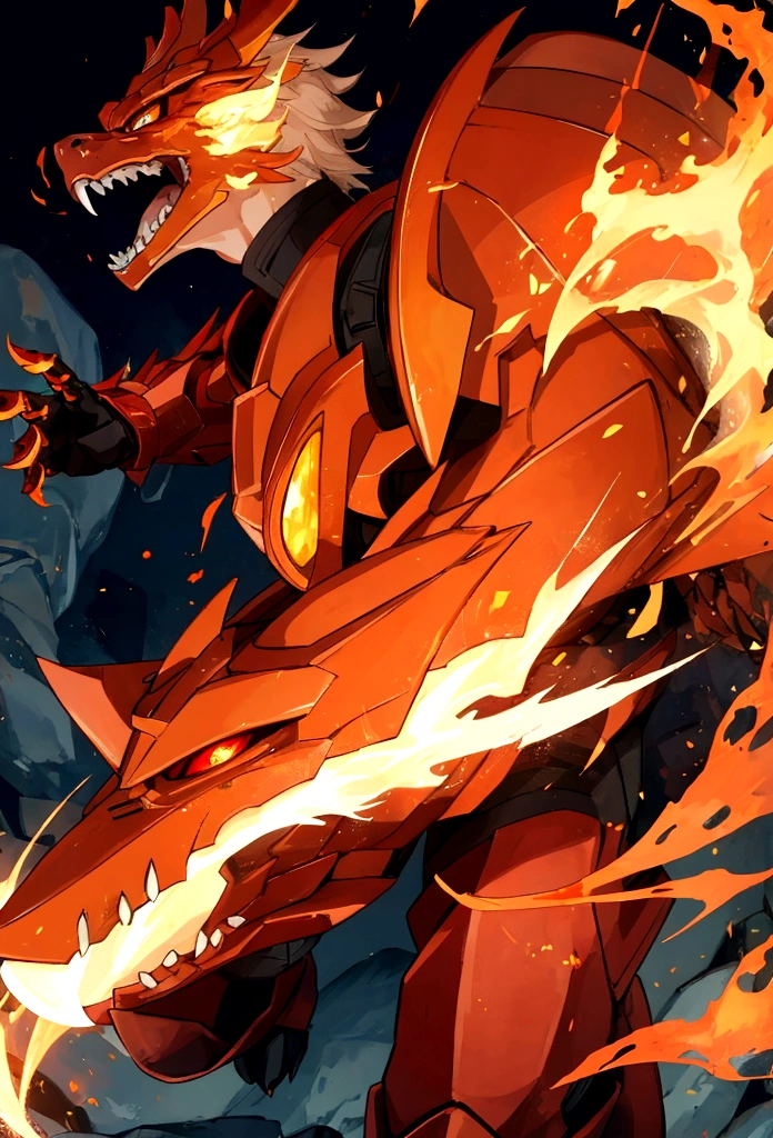 male entity with a face of fury, fire armor with fire claws, in combat position, animal ears, clenched teeth, UHD, masterpiece