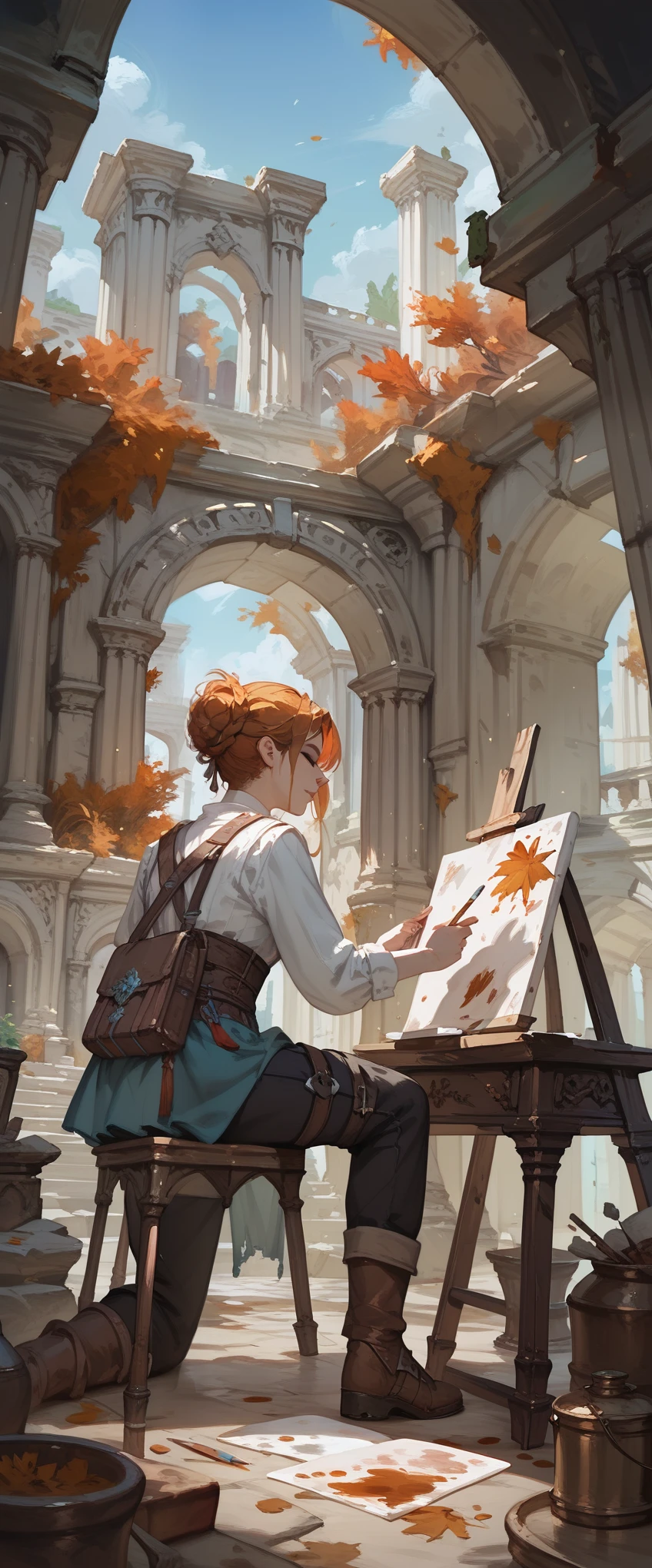 , late autumn ruins, high quality, highly detailed, illustration, impasto, canvas, oil painting, fantasy,
