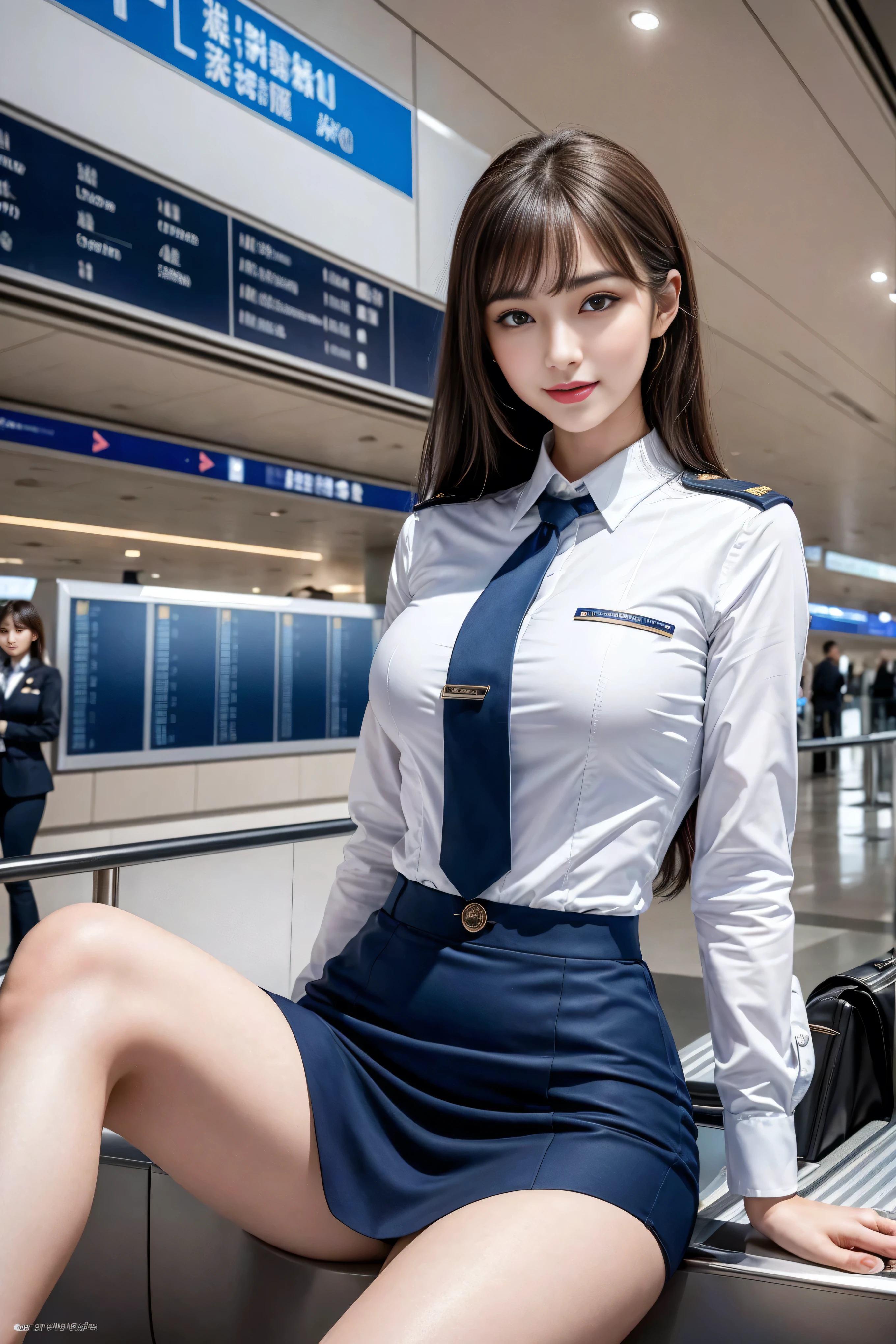 Top quality? masterpiece, 8K, Ultra-high resolution, (Practical: 1.4), 1 girl, Beautiful expression, Symmetrical eyes, sparrow, Perfect body proportions, Airline stewardess, cleveage, Looking at the audience, (at the airport: 1.2), Long legs (1.3), a smile