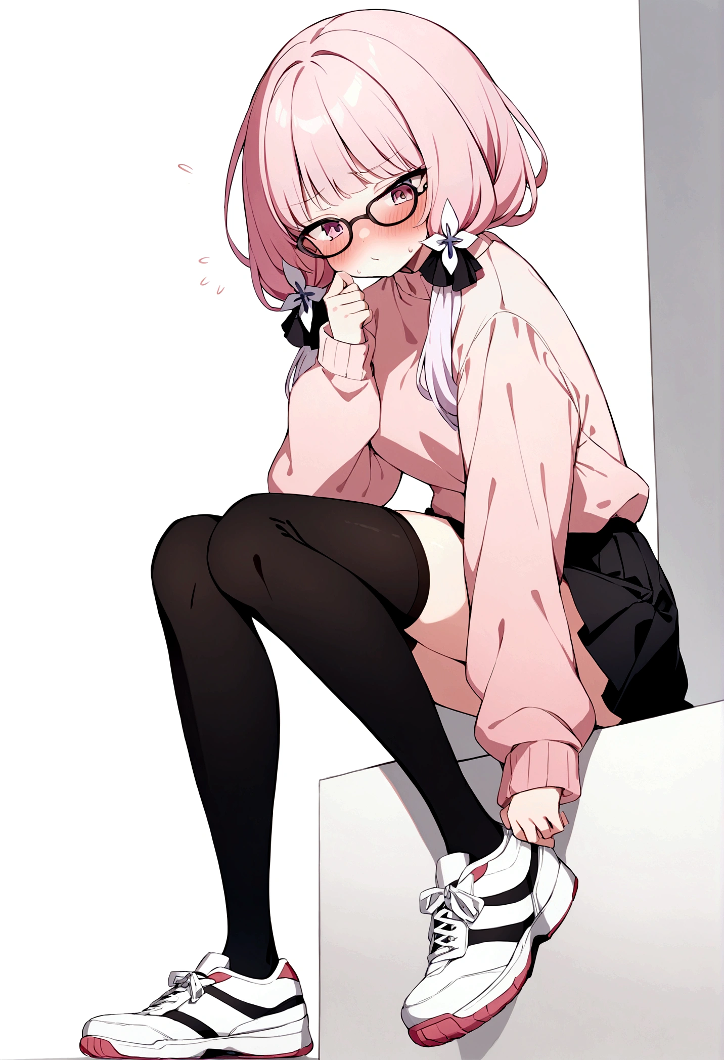 pink hair black glasses pink eyes extremely blushing a big pink sweater short black skirt black stockings white tennis shoes that is a reserved girl that is pouting